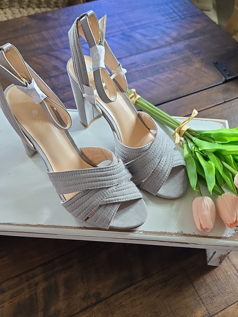 Nine West Gray Suede Crisscross Block Heel Sandals